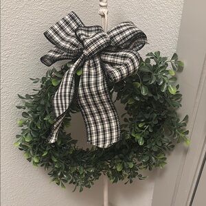 Primitive Farmhouse Faux Boxwood Wreath w Primary Black./White Bow Final Sale